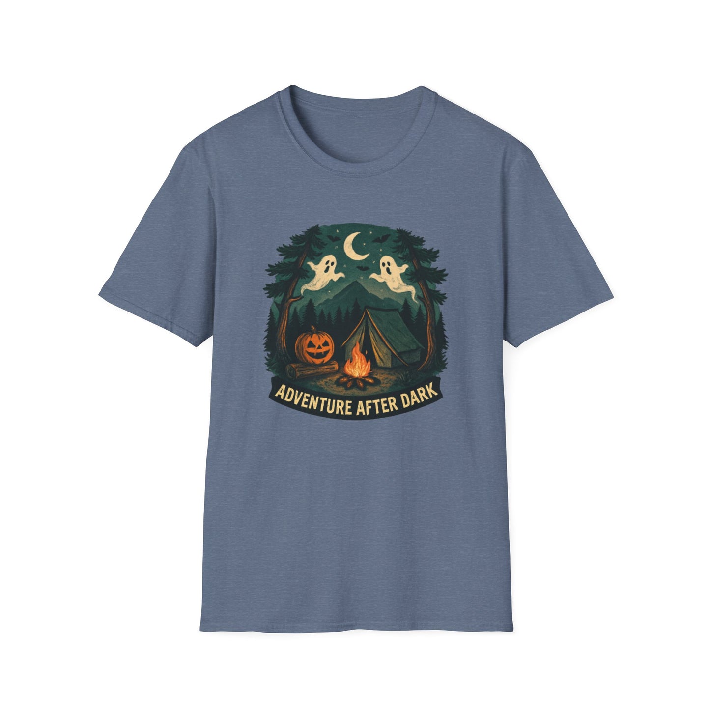 Adventure After Dark Unisex Softstyle T-Shirt | Halloween Shirt, Cozy Tee, Ghost Campfire Shirt, Spooky Vibe, Fun Fall Apparel