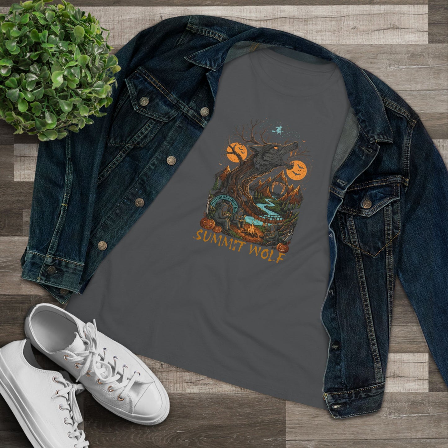 Summit Wolf Women's Tee with Howling Wolf Tree Graphic