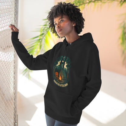 Halloween Adventure Fleece Hoodie, Cozy Fall Sweater, Ghost Campfire Pullover, Spooky Hoodie Gift, Outdoor Halloween Apparel