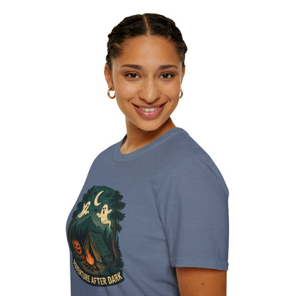Adventure After Dark Unisex Softstyle T-Shirt | Halloween Shirt, Cozy Tee, Ghost Campfire Shirt, Spooky Vibe, Fun Fall Apparel
