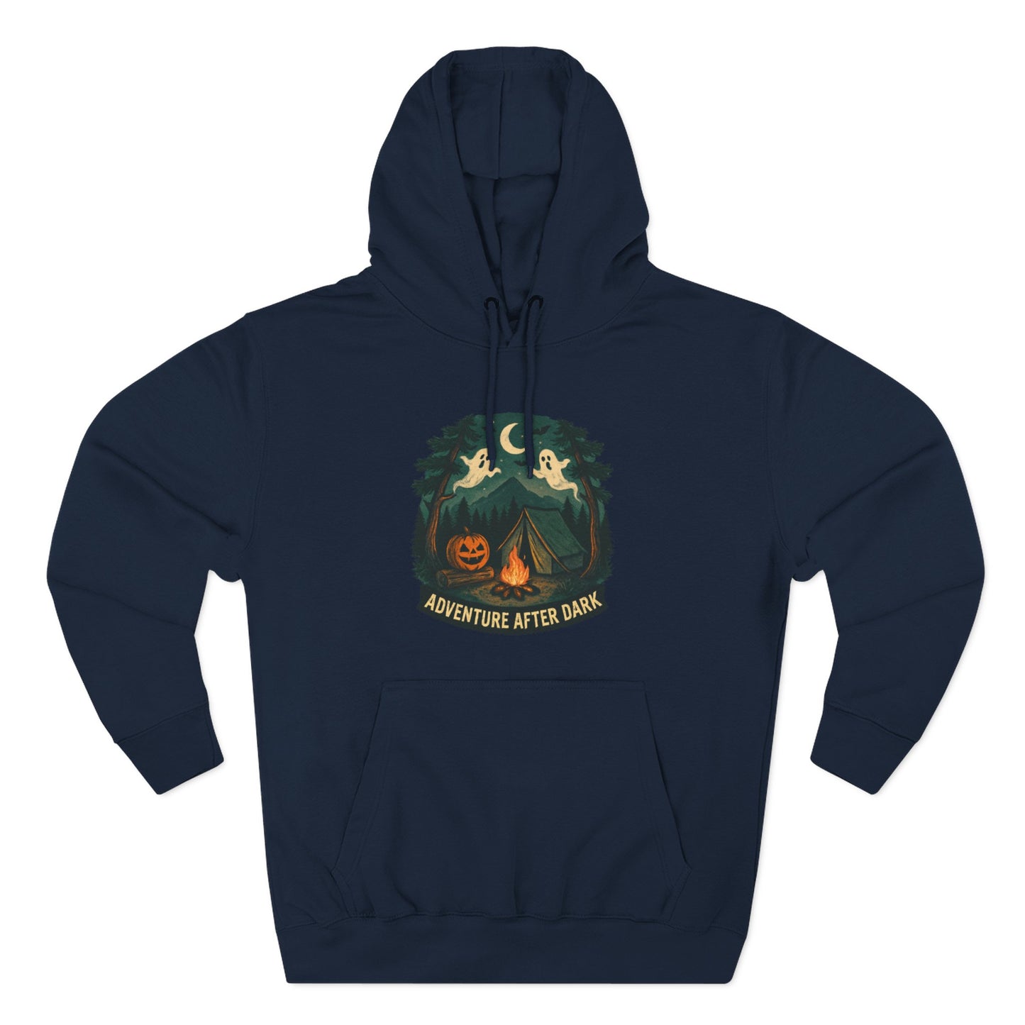 Halloween Adventure Fleece Hoodie, Cozy Fall Sweater, Ghost Campfire Pullover, Spooky Hoodie Gift, Outdoor Halloween Apparel