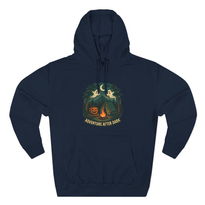 Halloween Adventure Fleece Hoodie, Cozy Fall Sweater, Ghost Campfire Pullover, Spooky Hoodie Gift, Outdoor Halloween Apparel