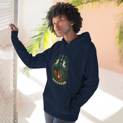 Halloween Adventure Fleece Hoodie, Cozy Fall Sweater, Ghost Campfire Pullover, Spooky Hoodie Gift, Outdoor Halloween Apparel