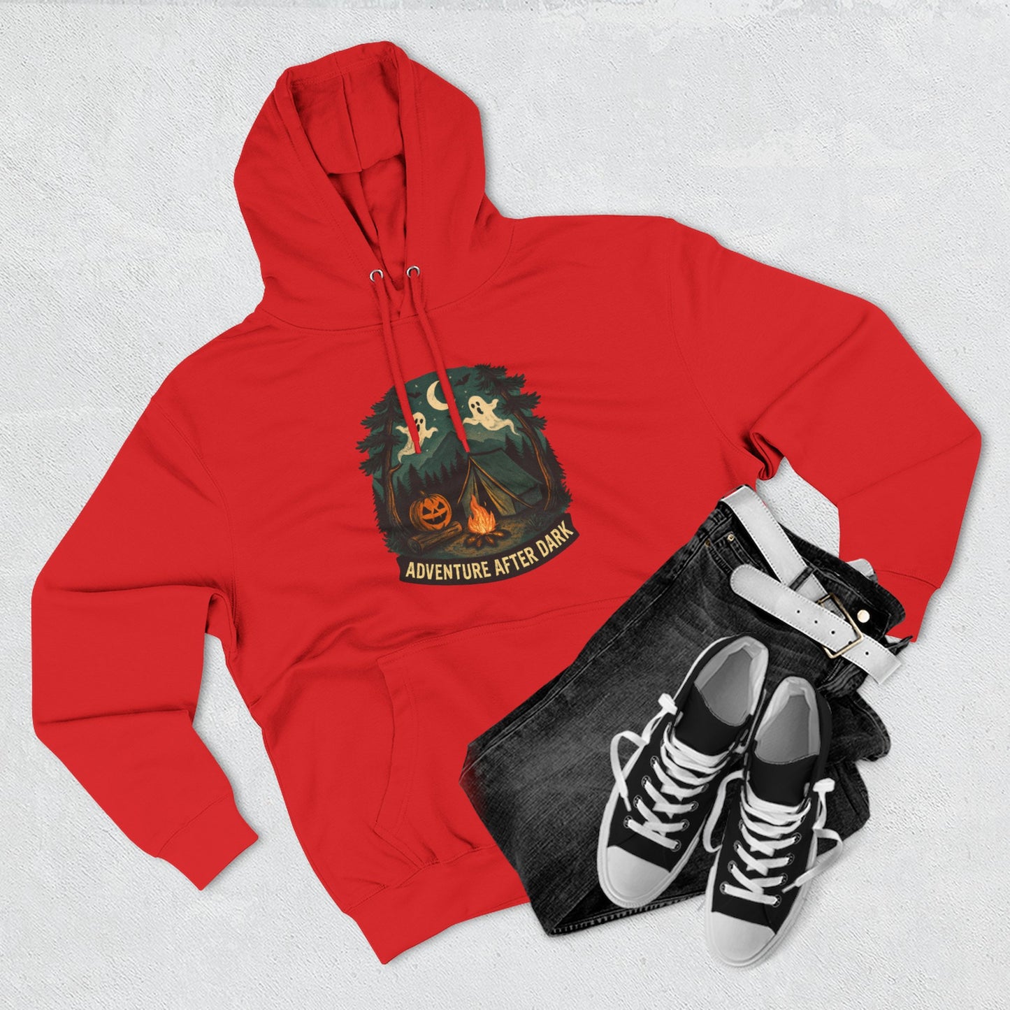 Halloween Adventure Fleece Hoodie, Cozy Fall Sweater, Ghost Campfire Pullover, Spooky Hoodie Gift, Outdoor Halloween Apparel