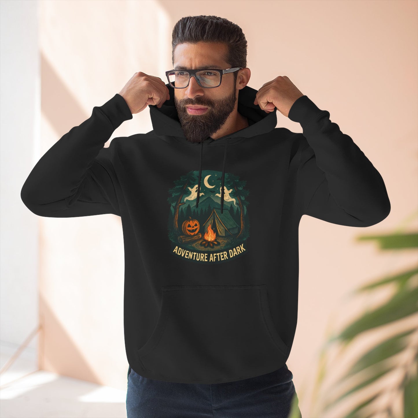 Halloween Adventure Fleece Hoodie, Cozy Fall Sweater, Ghost Campfire Pullover, Spooky Hoodie Gift, Outdoor Halloween Apparel