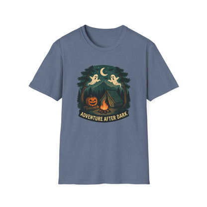 Adventure After Dark Unisex Softstyle T-Shirt | Halloween Shirt, Cozy Tee, Ghost Campfire Shirt, Spooky Vibe, Fun Fall Apparel