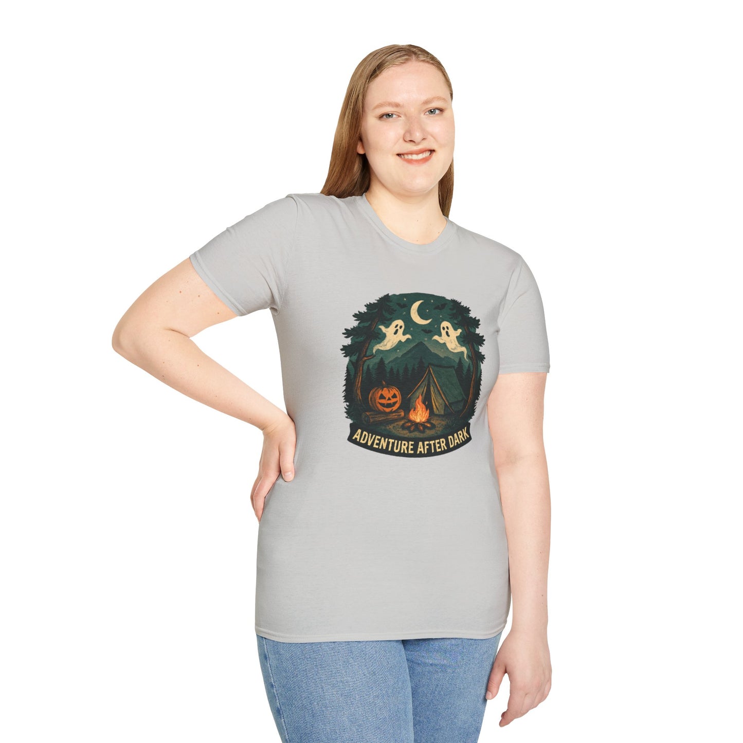 Adventure After Dark Unisex Softstyle T-Shirt | Halloween Shirt, Cozy Tee, Ghost Campfire Shirt, Spooky Vibe, Fun Fall Apparel