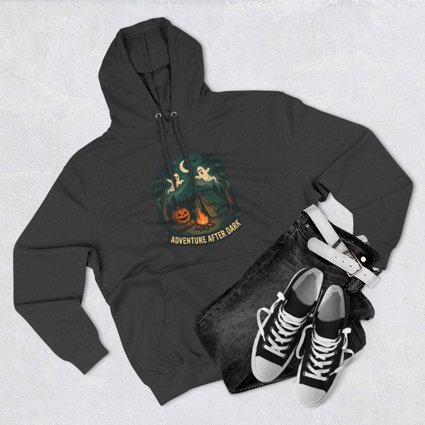 Halloween Adventure Fleece Hoodie, Cozy Fall Sweater, Ghost Campfire Pullover, Spooky Hoodie Gift, Outdoor Halloween Apparel