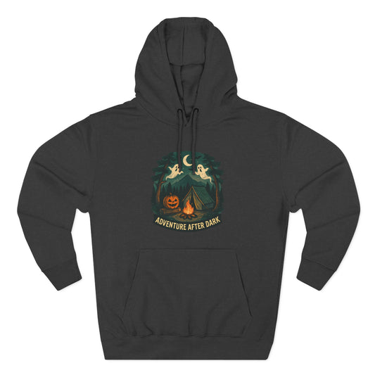 Halloween Adventure Fleece Hoodie, Cozy Fall Sweater, Ghost Campfire Pullover, Spooky Hoodie Gift, Outdoor Halloween Apparel
