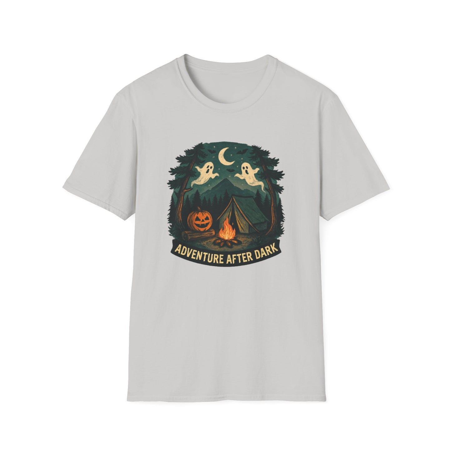 Adventure After Dark Unisex Softstyle T-Shirt | Halloween Shirt, Cozy Tee, Ghost Campfire Shirt, Spooky Vibe, Fun Fall Apparel