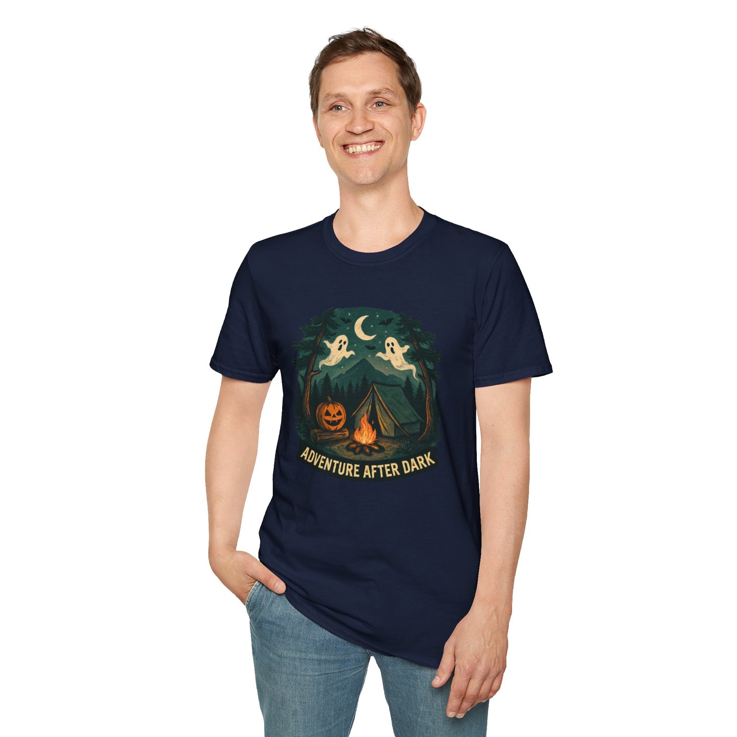 Adventure After Dark Unisex Softstyle T-Shirt | Halloween Shirt, Cozy Tee, Ghost Campfire Shirt, Spooky Vibe, Fun Fall Apparel