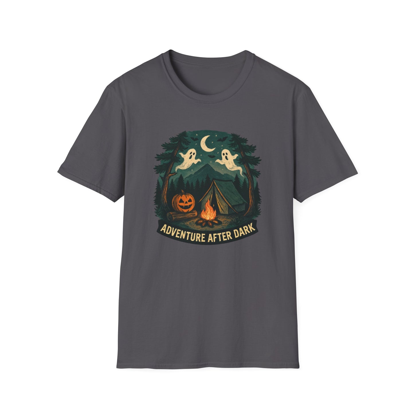 Adventure After Dark Unisex Softstyle T-Shirt | Halloween Shirt, Cozy Tee, Ghost Campfire Shirt, Spooky Vibe, Fun Fall Apparel