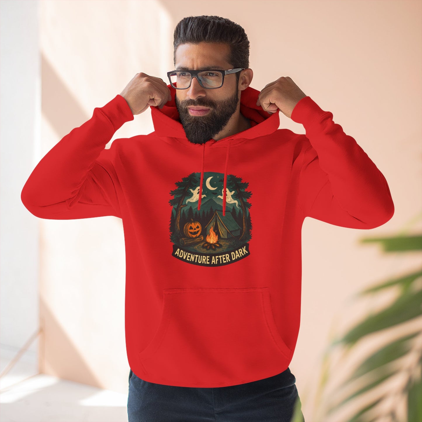 Halloween Adventure Fleece Hoodie, Cozy Fall Sweater, Ghost Campfire Pullover, Spooky Hoodie Gift, Outdoor Halloween Apparel
