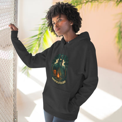 Halloween Adventure Fleece Hoodie, Cozy Fall Sweater, Ghost Campfire Pullover, Spooky Hoodie Gift, Outdoor Halloween Apparel