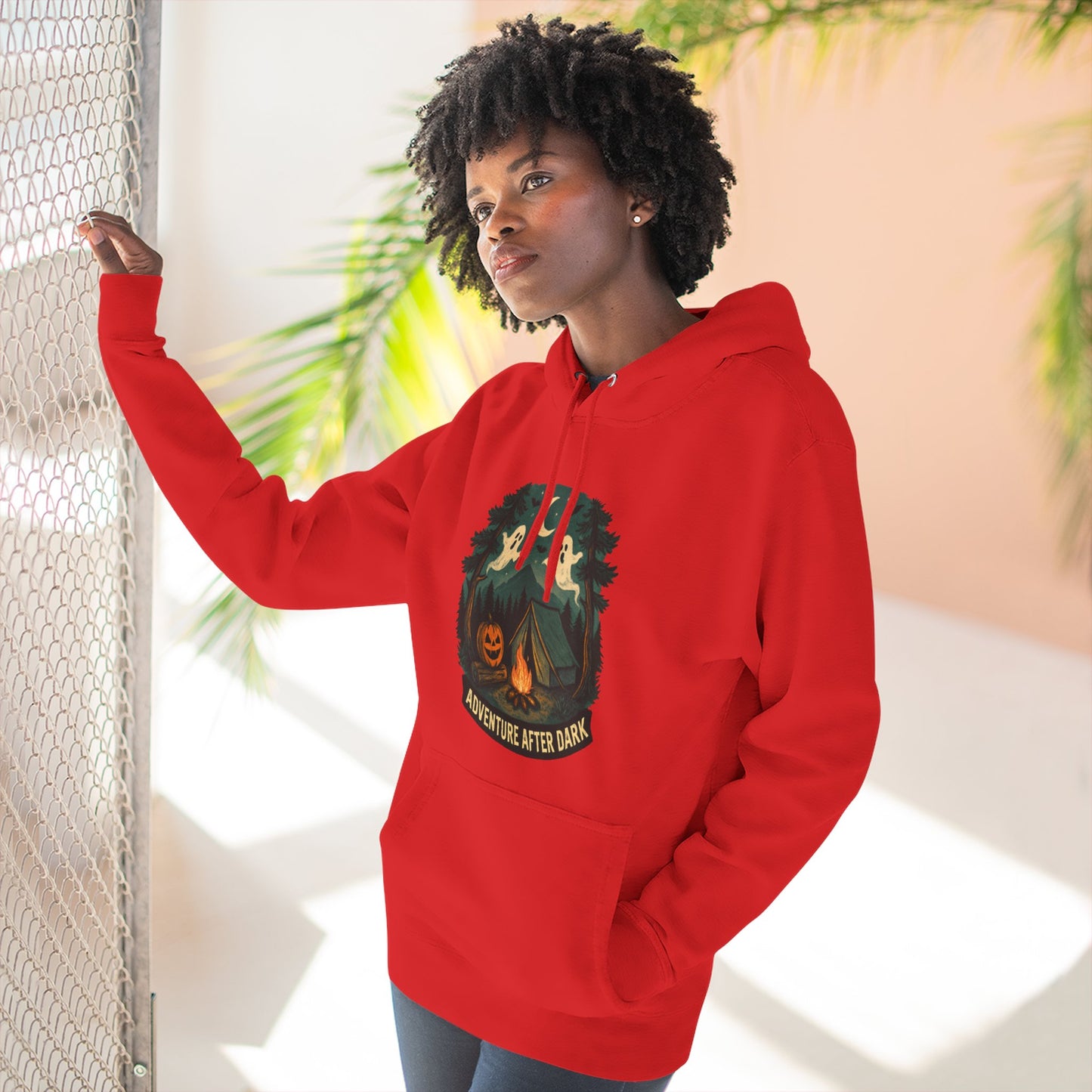 Halloween Adventure Fleece Hoodie, Cozy Fall Sweater, Ghost Campfire Pullover, Spooky Hoodie Gift, Outdoor Halloween Apparel