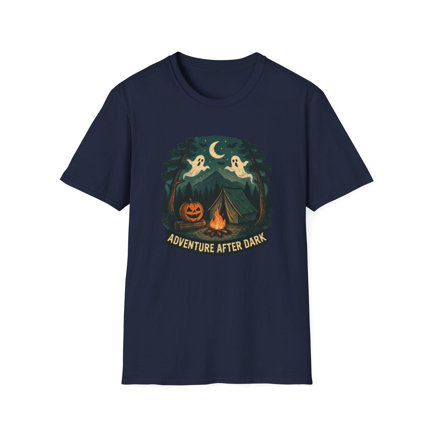 Adventure After Dark Unisex Softstyle T-Shirt | Halloween Shirt, Cozy Tee, Ghost Campfire Shirt, Spooky Vibe, Fun Fall Apparel