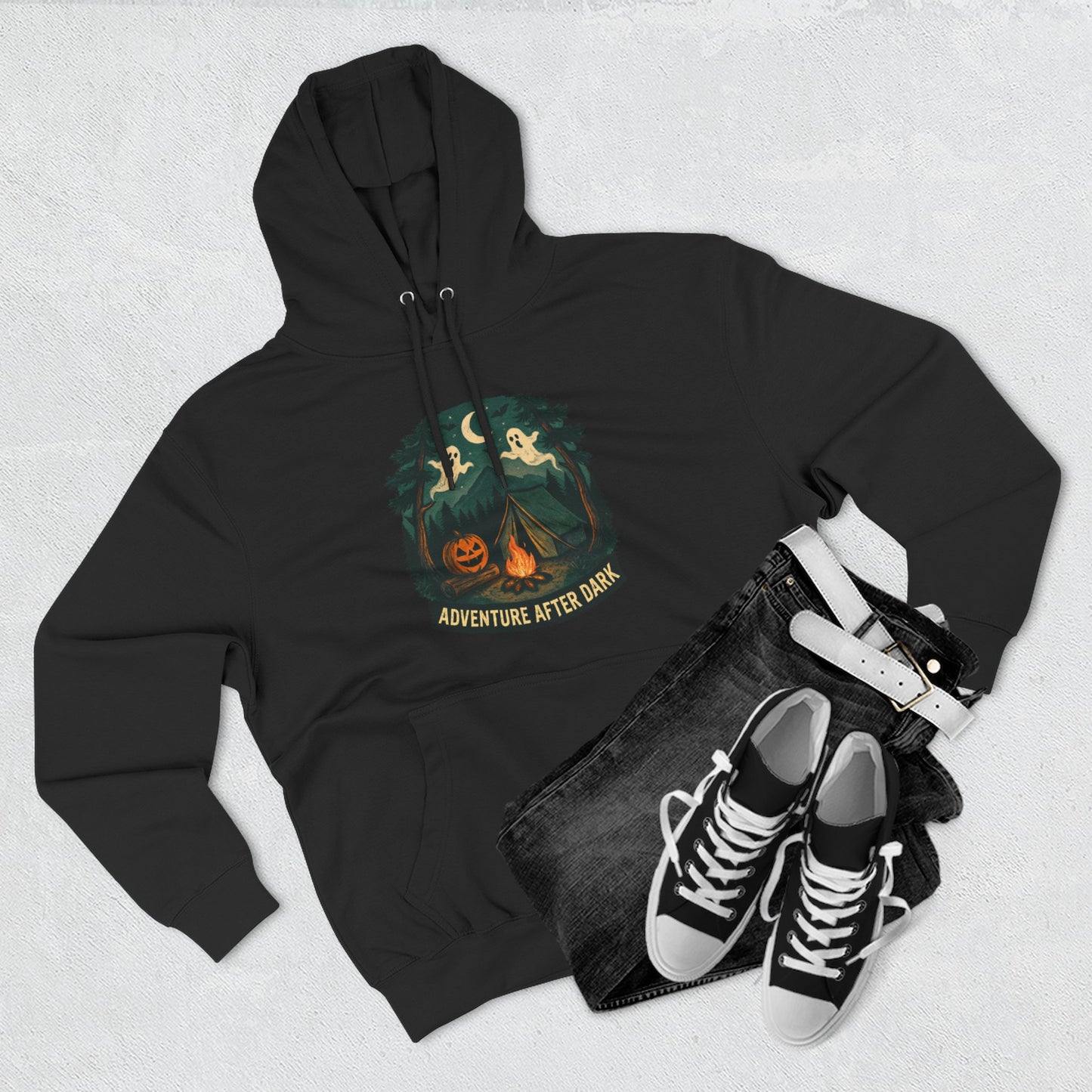 Halloween Adventure Fleece Hoodie, Cozy Fall Sweater, Ghost Campfire Pullover, Spooky Hoodie Gift, Outdoor Halloween Apparel