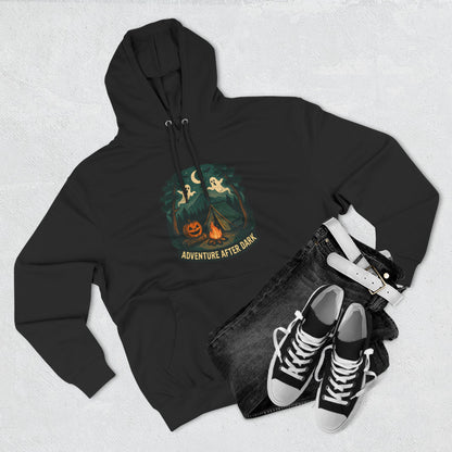 Halloween Adventure Fleece Hoodie, Cozy Fall Sweater, Ghost Campfire Pullover, Spooky Hoodie Gift, Outdoor Halloween Apparel