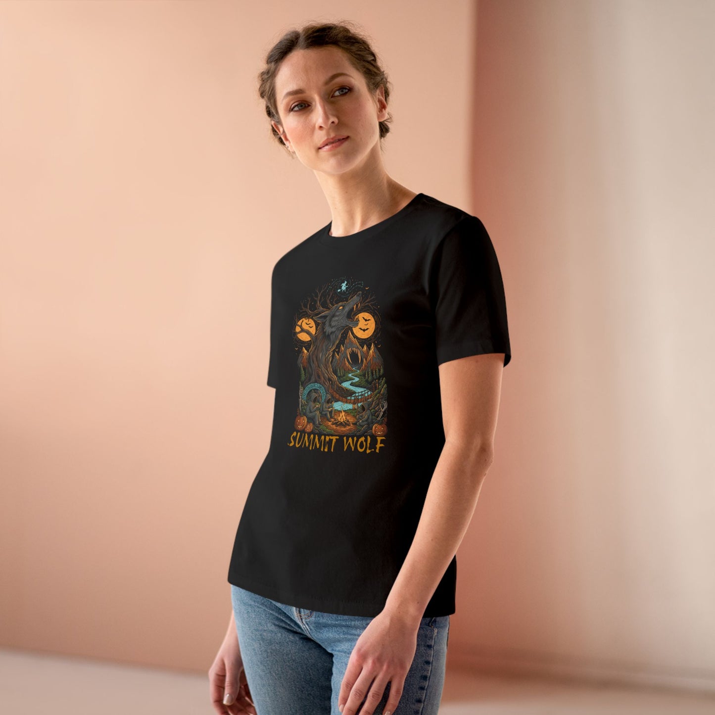 Summit Wolf Women's Tee with Howling Wolf Tree Graphic