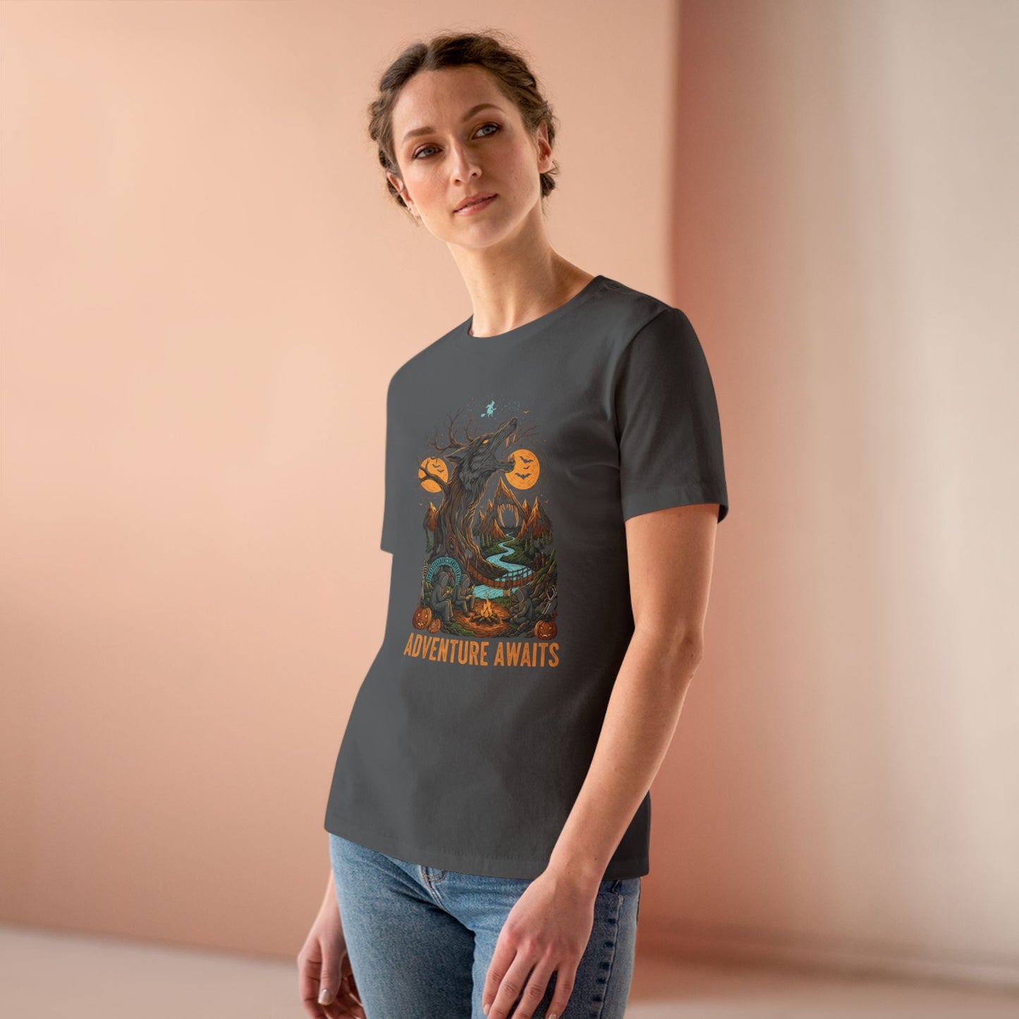 Adventure Awaits Expedition Women's Tee with Howling Wolf Tree Graphic