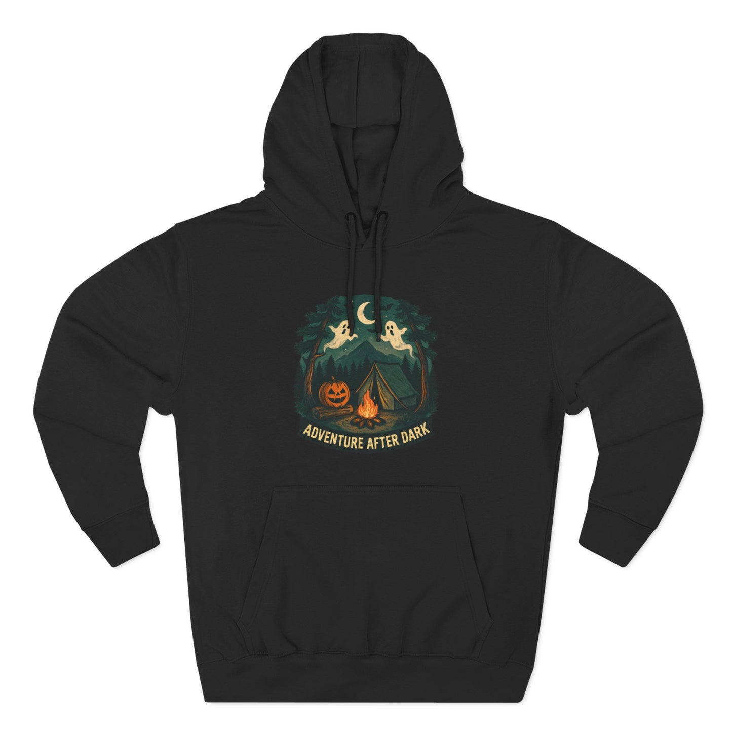 Halloween Adventure Fleece Hoodie, Cozy Fall Sweater, Ghost Campfire Pullover, Spooky Hoodie Gift, Outdoor Halloween Apparel