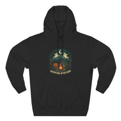 Halloween Adventure Fleece Hoodie, Cozy Fall Sweater, Ghost Campfire Pullover, Spooky Hoodie Gift, Outdoor Halloween Apparel