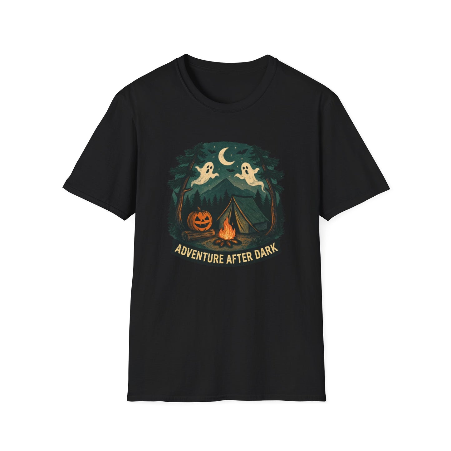 Adventure After Dark Unisex Softstyle T-Shirt | Halloween Shirt, Cozy Tee, Ghost Campfire Shirt, Spooky Vibe, Fun Fall Apparel