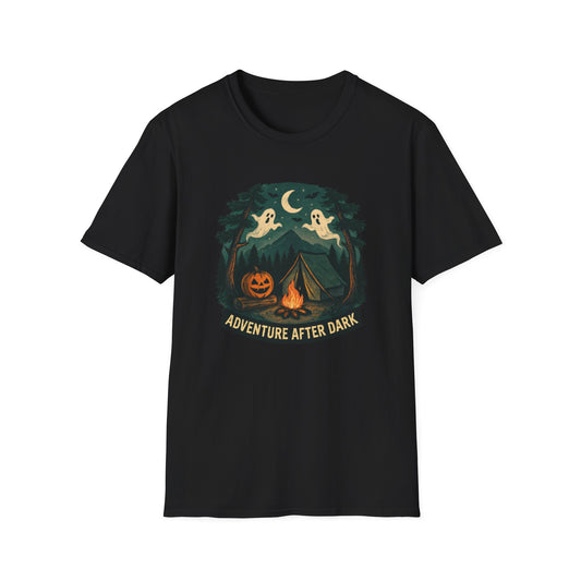 Adventure After Dark Unisex Softstyle T-Shirt | Halloween Shirt, Cozy Tee, Ghost Campfire Shirt, Spooky Vibe, Fun Fall Apparel