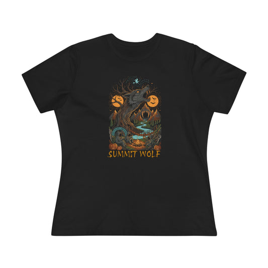 Summit Wolf Women's Tee with Howling Wolf Tree Graphic