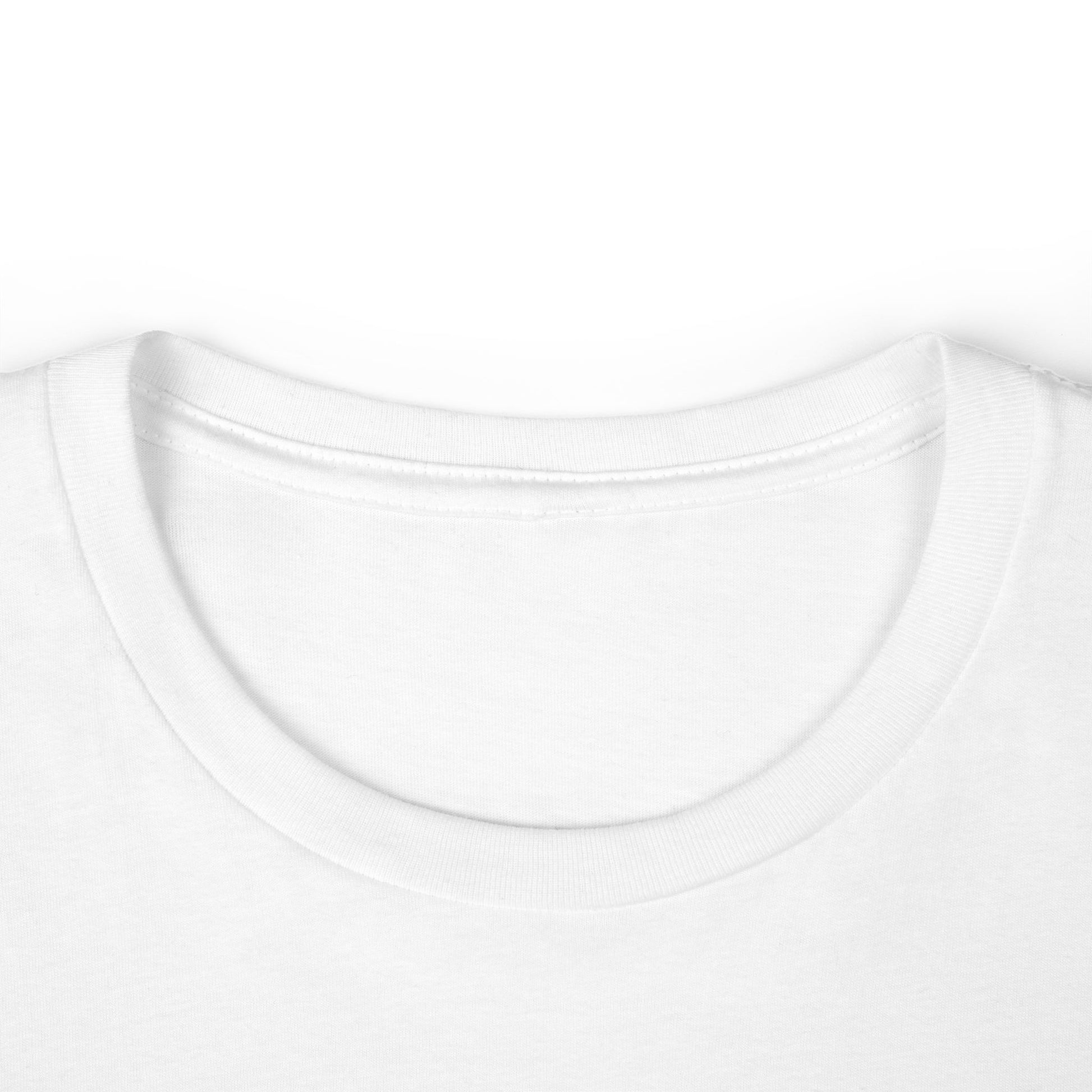 Close-up of a white t-shirt collar on a white background
