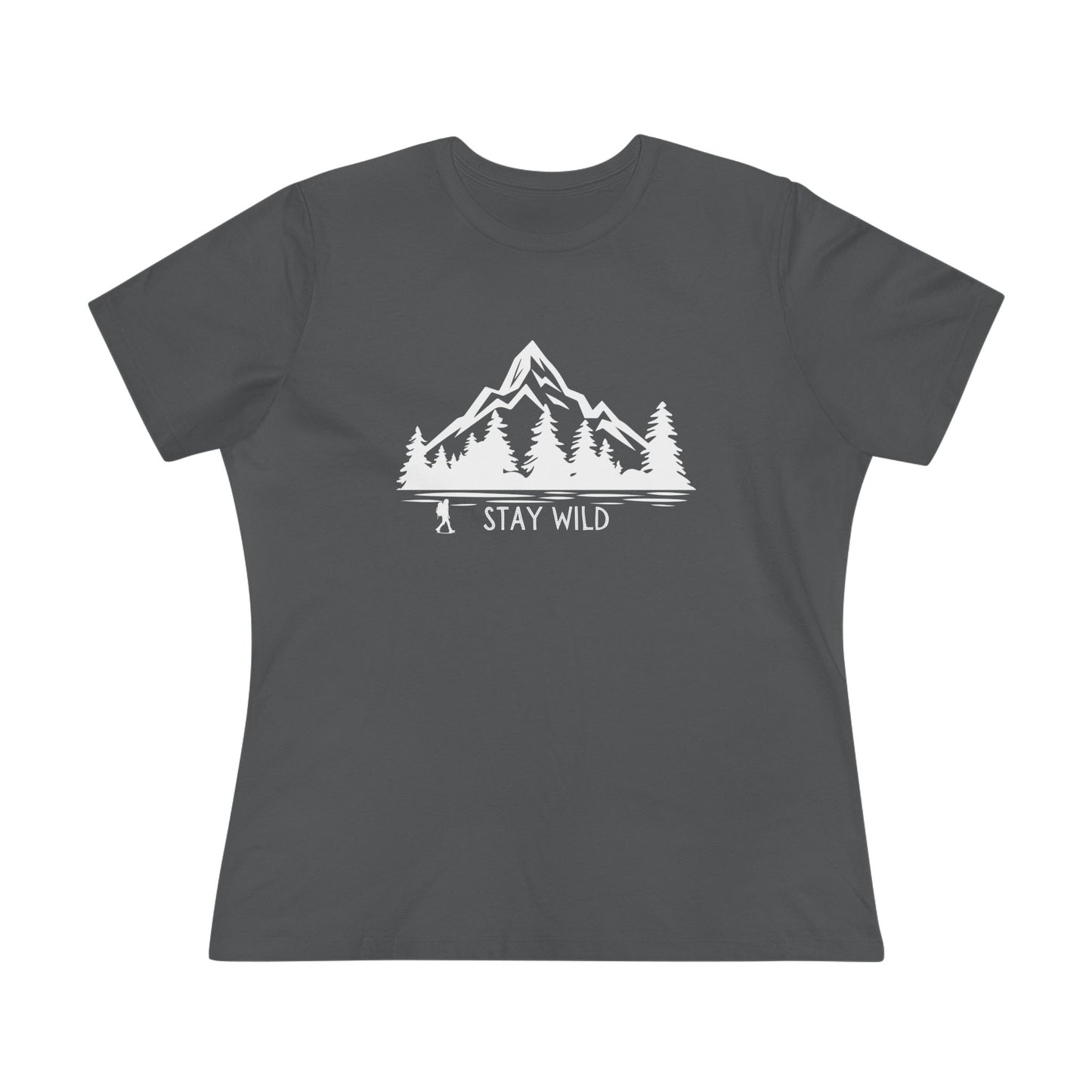 Charcoal t-shirt with white mountain and tree graphic and 'Stay Wild' text on a white background