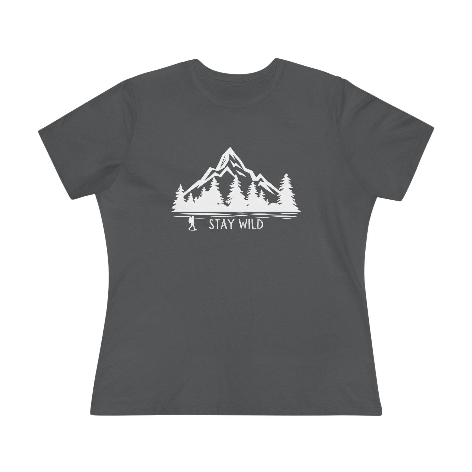 Charcoal t-shirt with white mountain and tree graphic and 'Stay Wild' text on a white background