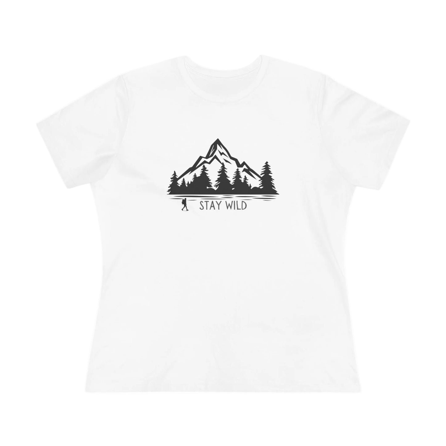 White t-shirt with black mountain and tree graphic and 'Stay Wild' text on a white background