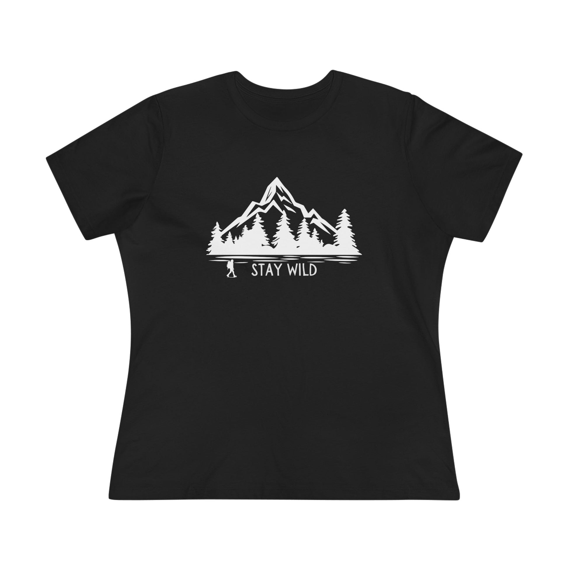 Black t-shirt with white mountain and tree design and 'Stay Wild' text on a white background