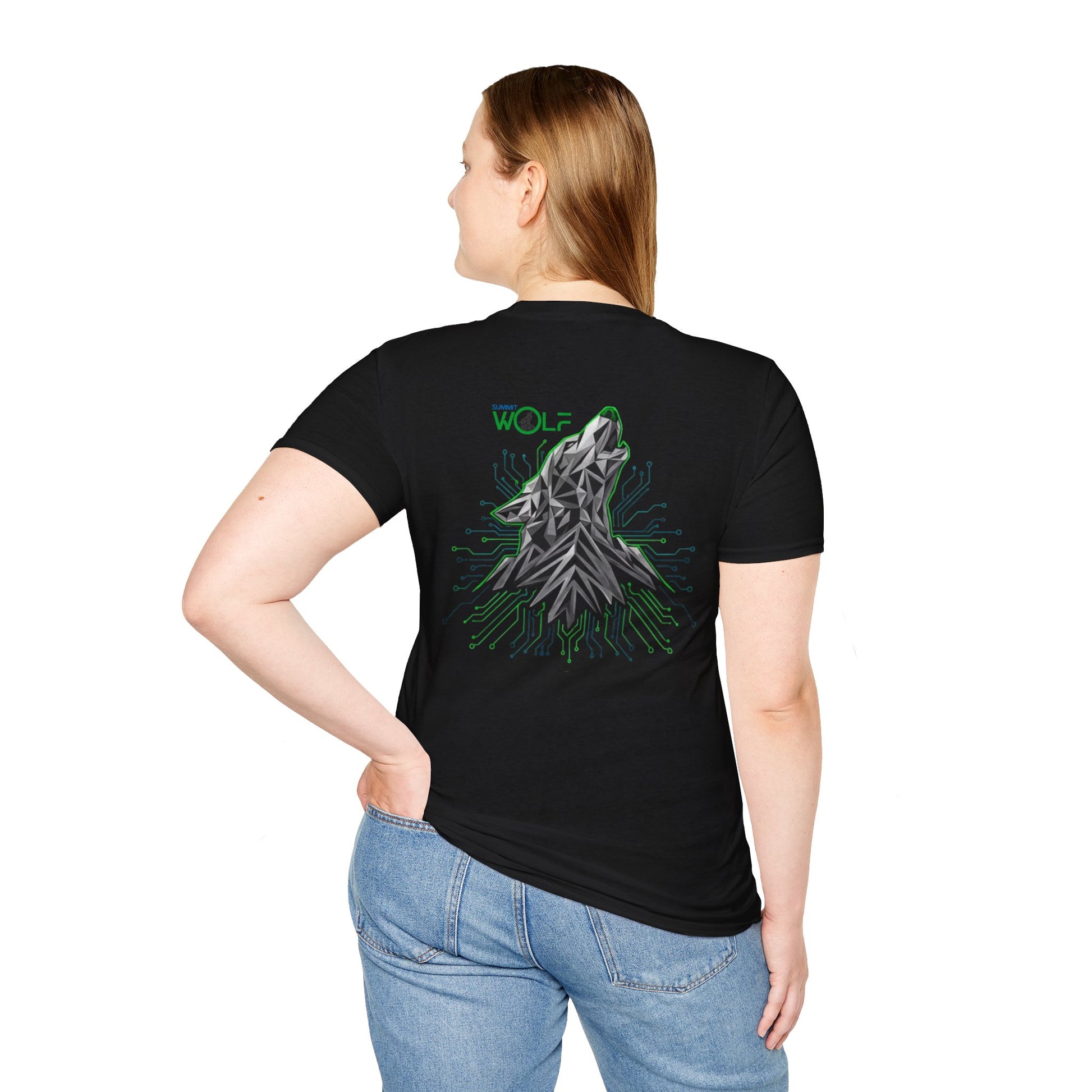 Person wearing a black t-shirt with a wolf graphic on the back, standing against a white background