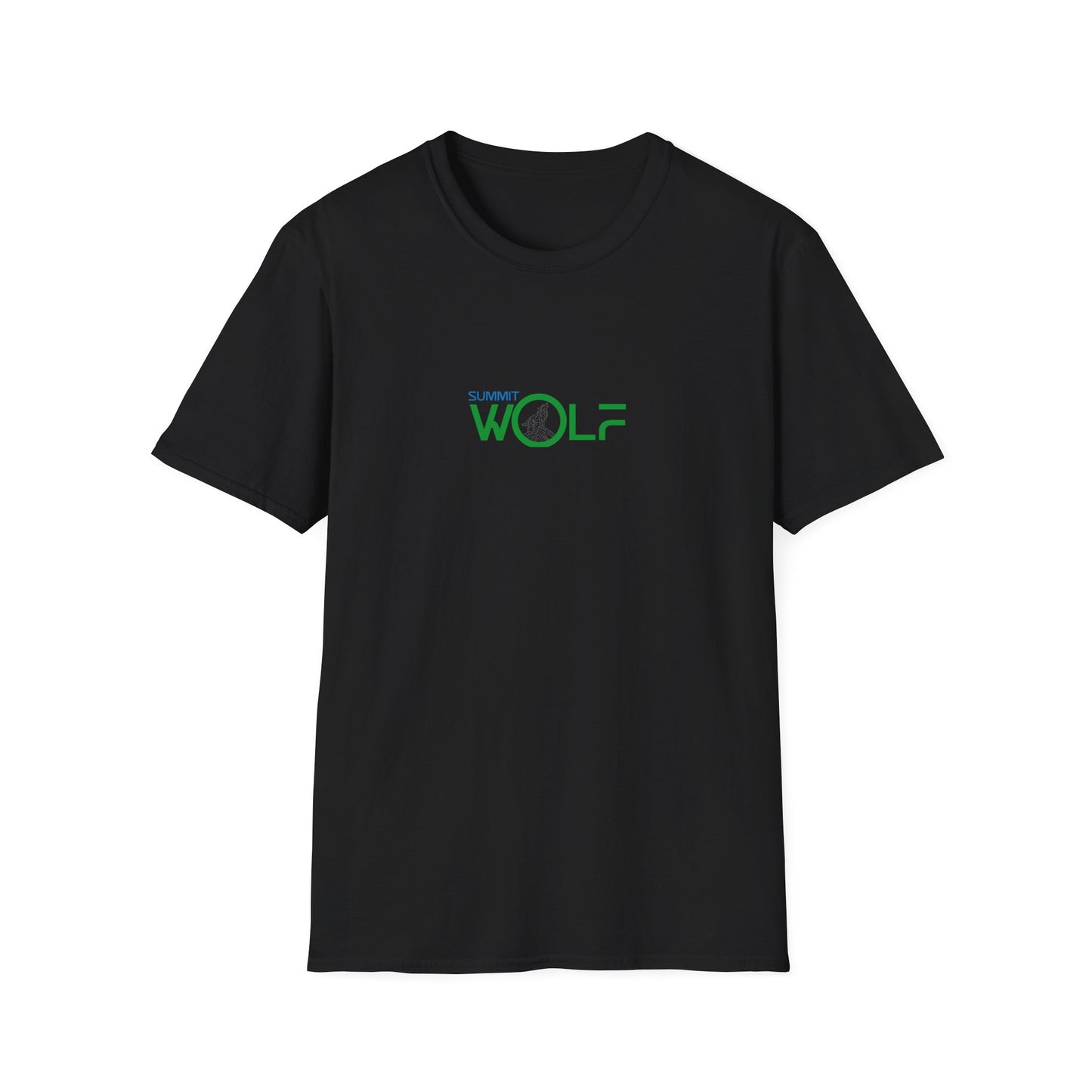 Black t-shirt with green and blue text on a white background