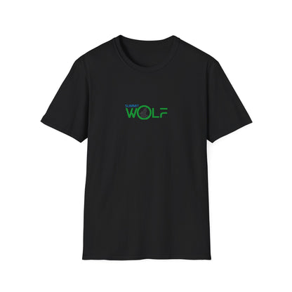 Black t-shirt with green and blue text on a white background