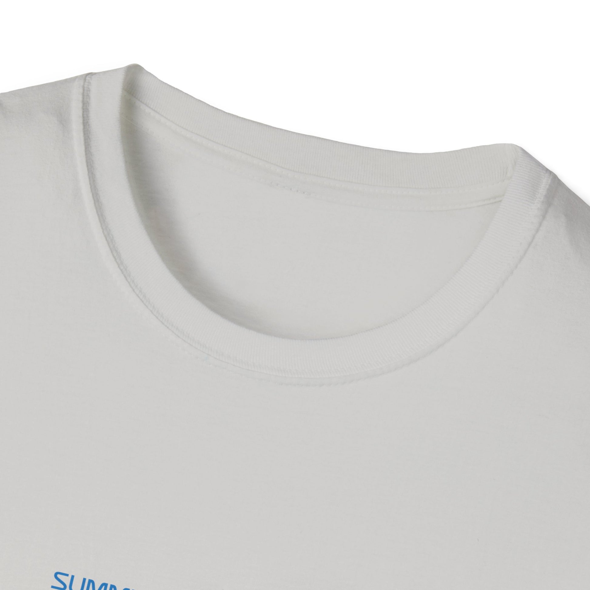 Close-up of a white t-shirt with a brand logo on a white background