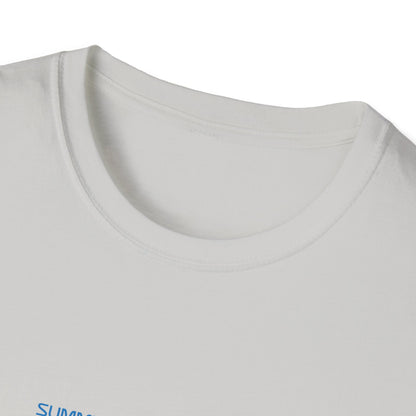 Close-up of a white t-shirt with a brand logo on a white background