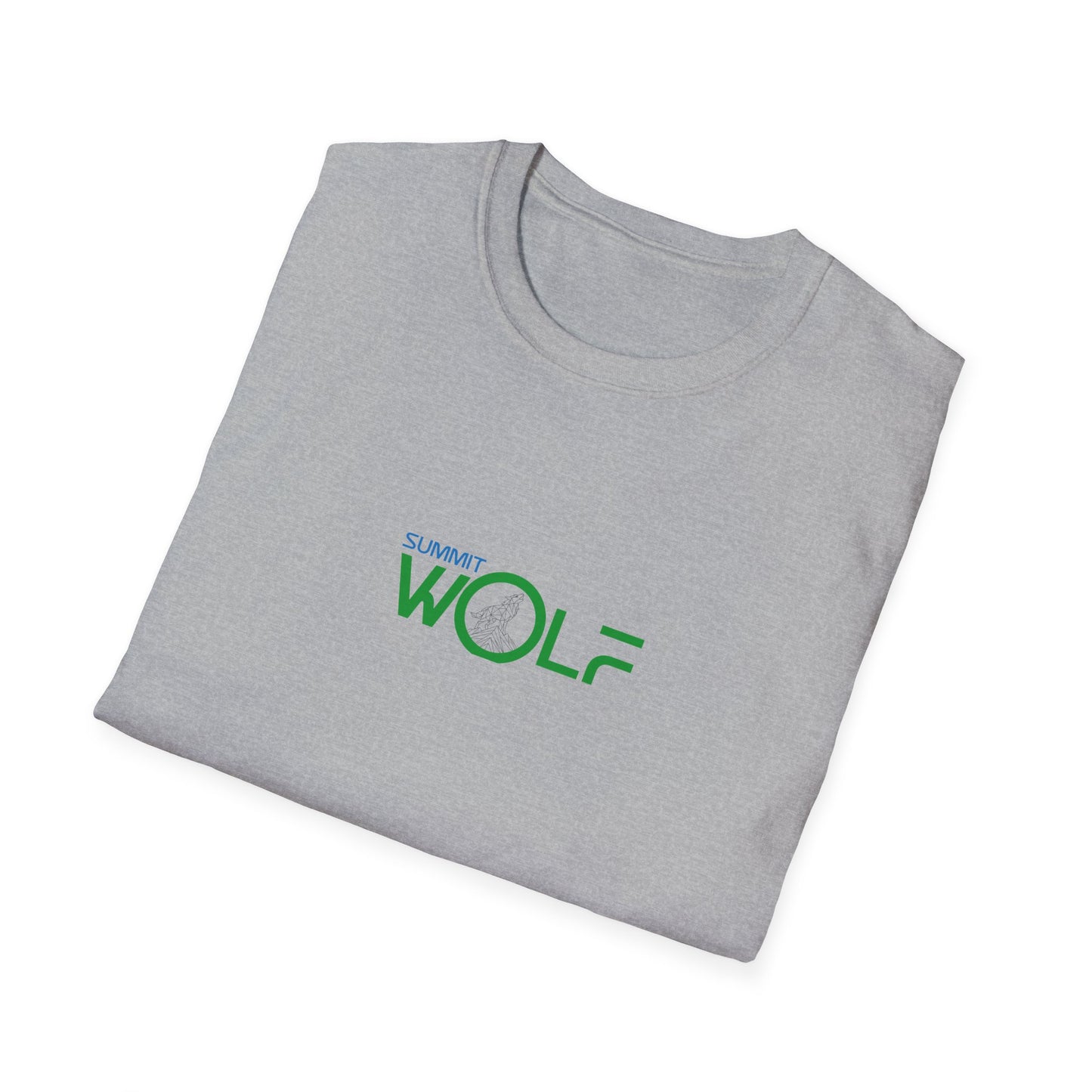 Folded sports grey t-shirt with green 'Summit Wolf' logo on a white background