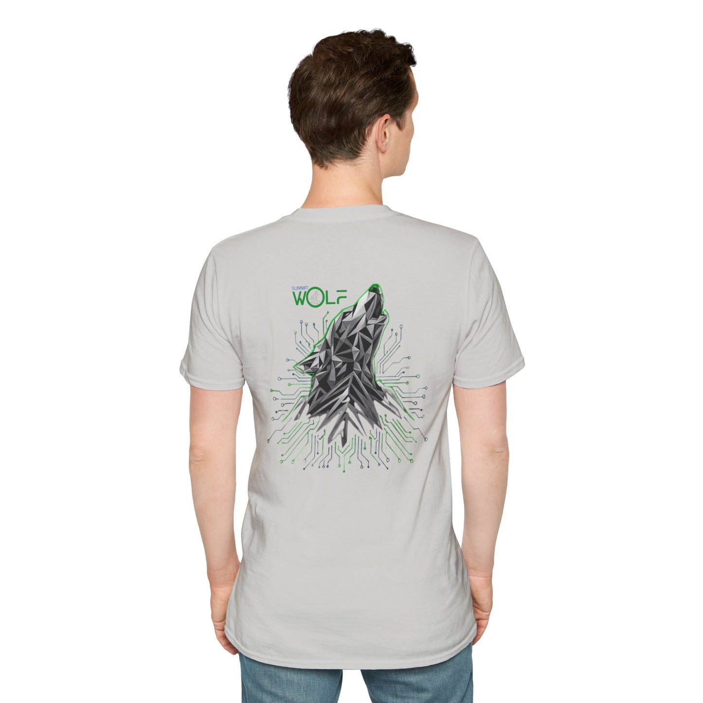 Person wearing a ice grey t-shirt with a wolf graphic on the back, standing against a white background