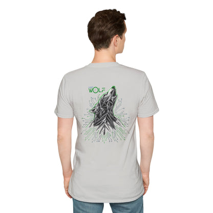 Person wearing a ice grey t-shirt with a wolf graphic on the back, standing against a white background