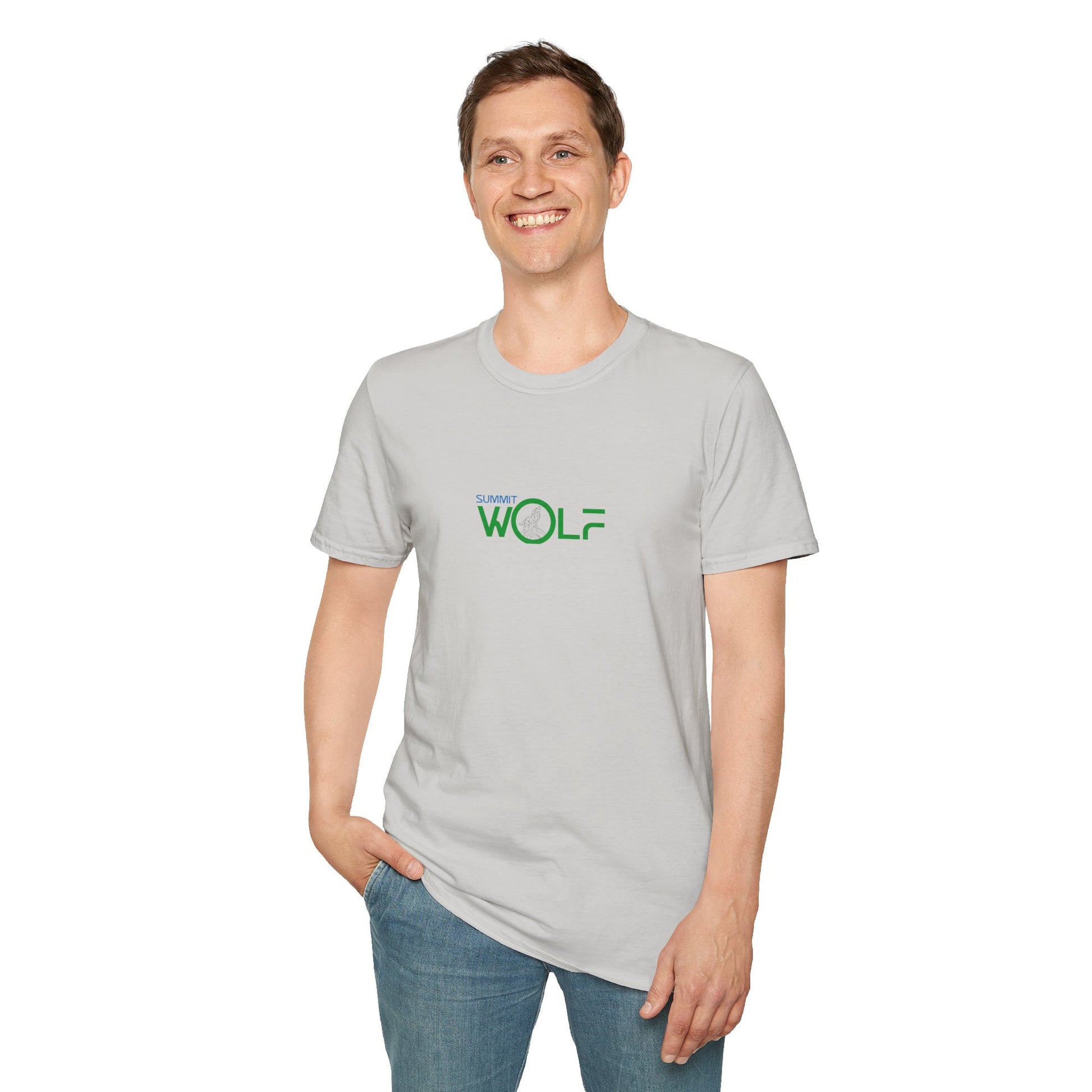 Person wearing a ice grey t-shirt with a logo on a white background