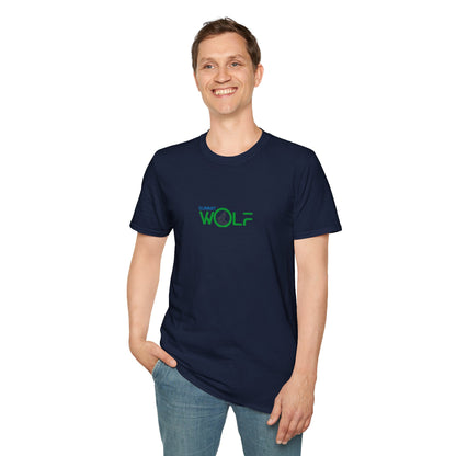 Man wearing a navy blue t-shirt with a logo on a white background