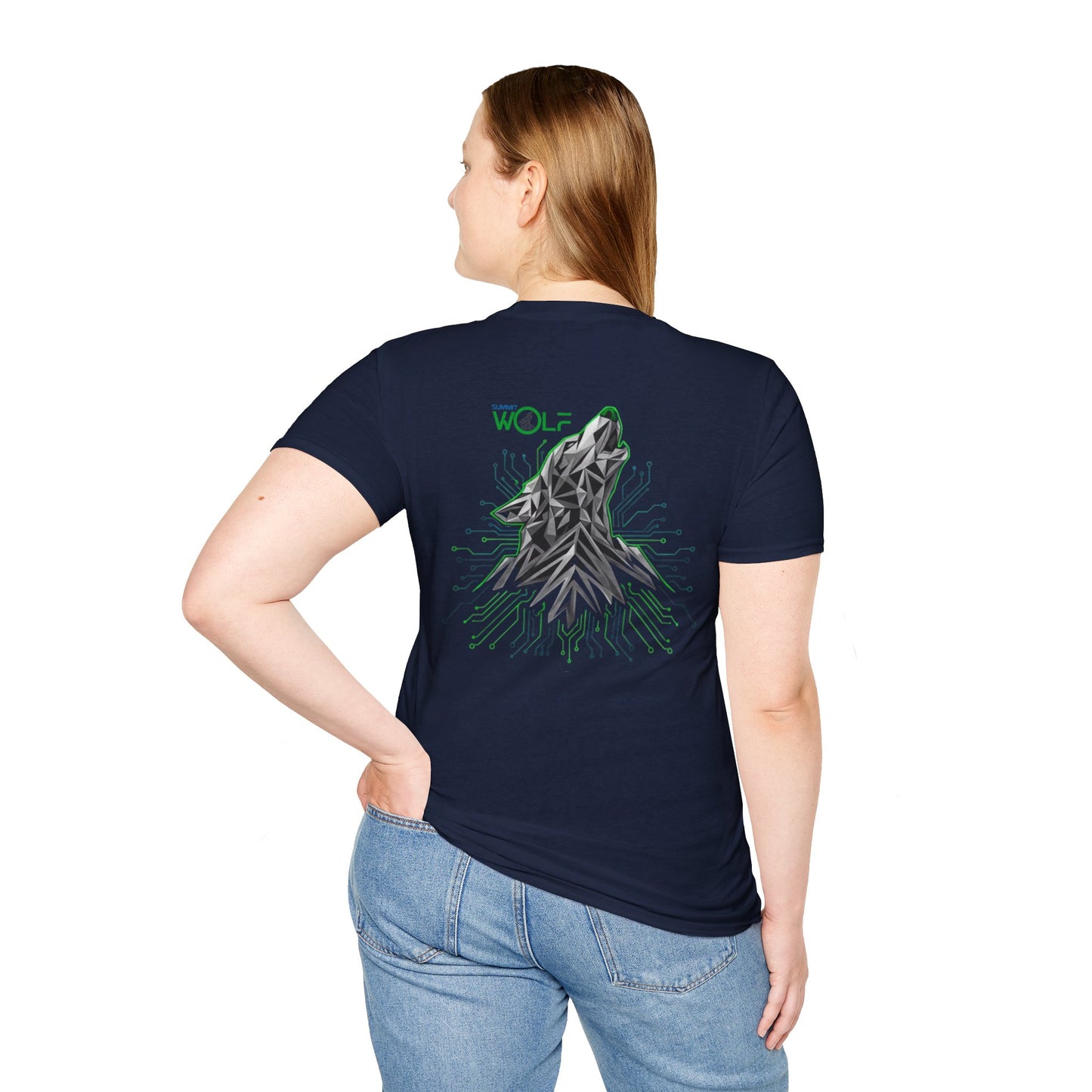 Person wearing a navy blue t-shirt with a wolf graphic on the back, standing against a white background.