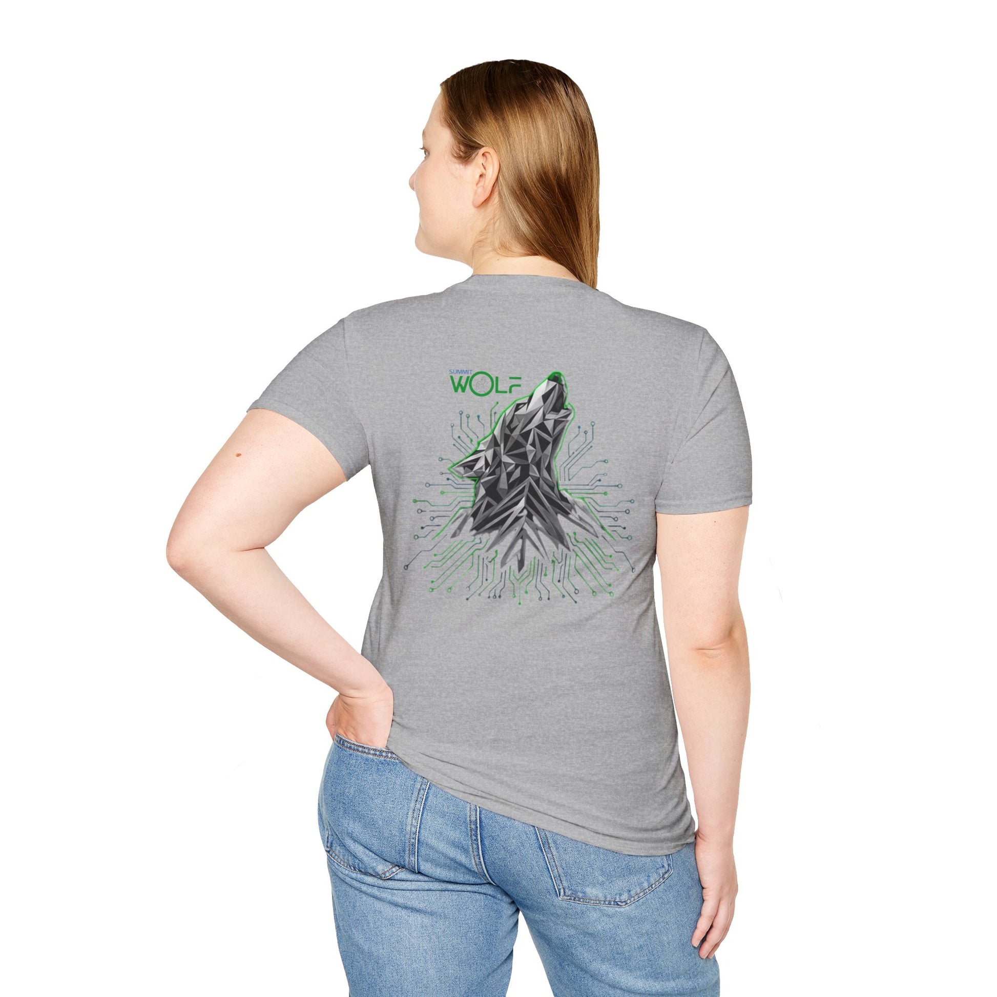 Person wearing a sports grey t-shirt with a wolf graphic on the back, standing against a white background