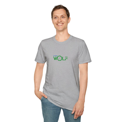 Person wearing a sports grey t-shirt with a logo on a white background